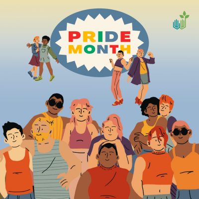 Image shows a graphic that reads Pride Month with a diverse group of people below it