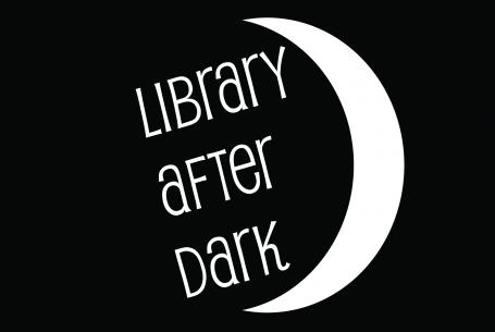 "Library After Dark" text with crescent moon
